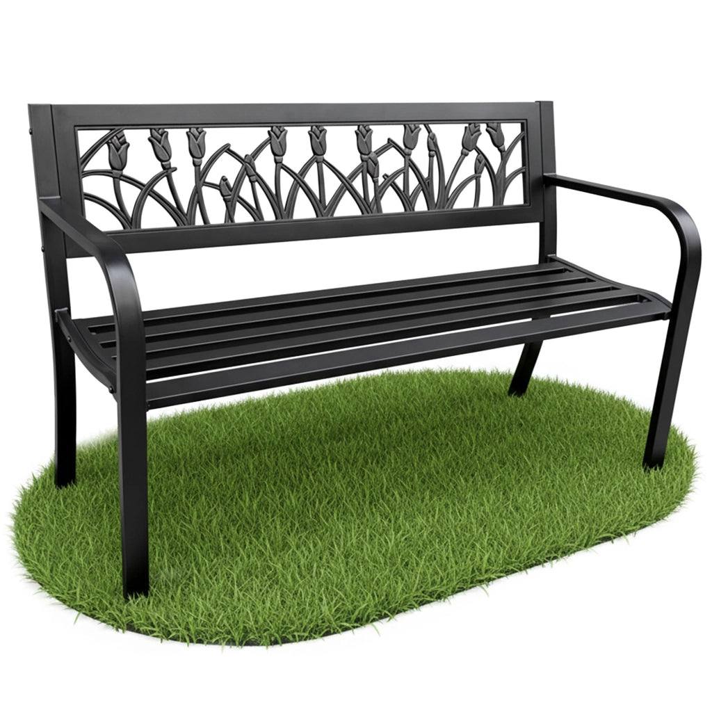 Panchina da giardino nera LISSA con gambe in acciaio larghezza 124 cm