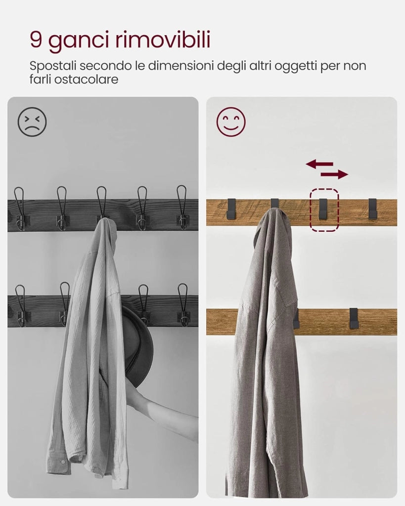 VASAGLE Appendiabiti con Scarpiera, Mobile da Ingresso con Panca, 4 in 1, 9 Ganci Rimovibili, Barra Attaccapanni, Entrata Corridoio, 33,7 x 77 cm, Industriale, Noce Medio e Nero HSR040B41