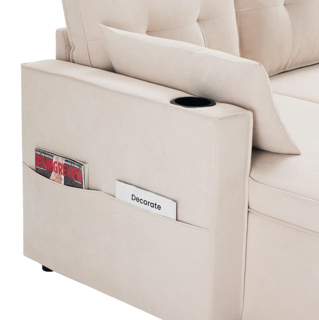 Divano letto a U 4 posti beige effetto lino con contenitori, portabicchieri e cuscini inclusi