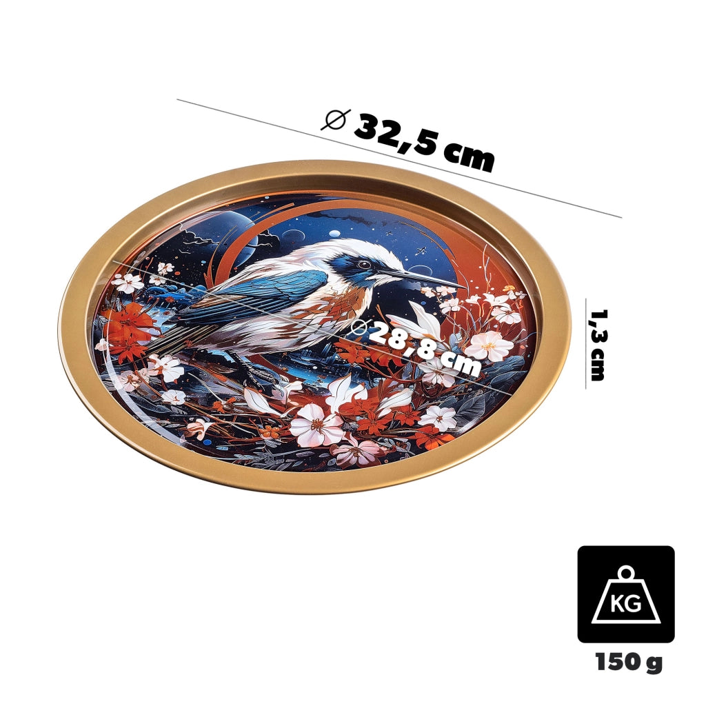 Vassoio decorativo da portata KADAX, rotondo, grande, con uccellino, in metallo, 32,5 cm
