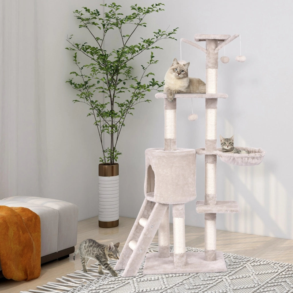 Torre multi-livello per gatti con tiragraffi in sisal e palline pendenti, Centro attivit¨¤ per gattini da interno Beige