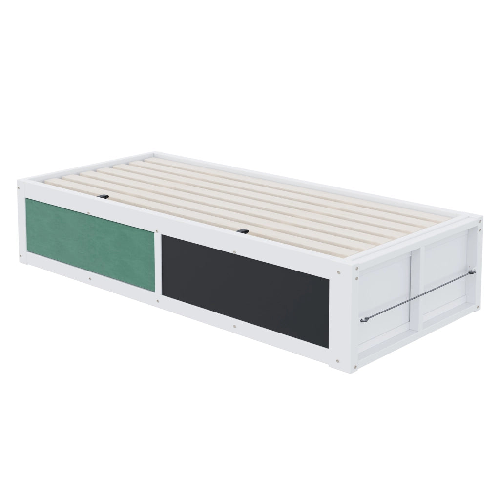 Letto singolo 90×200 cm con contenitore idraulico; lavagna; pannello in feltro e libreria; senza materasso; bianco