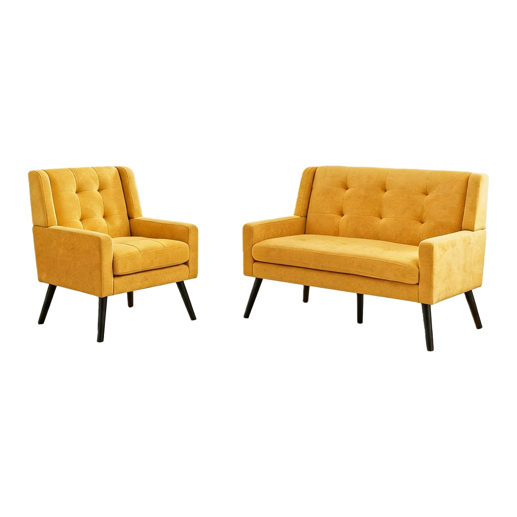 Fauteuil set da 2 con cuscini ad alta densità e tufting, gambe in legno massello giallo per soggiorno e home office