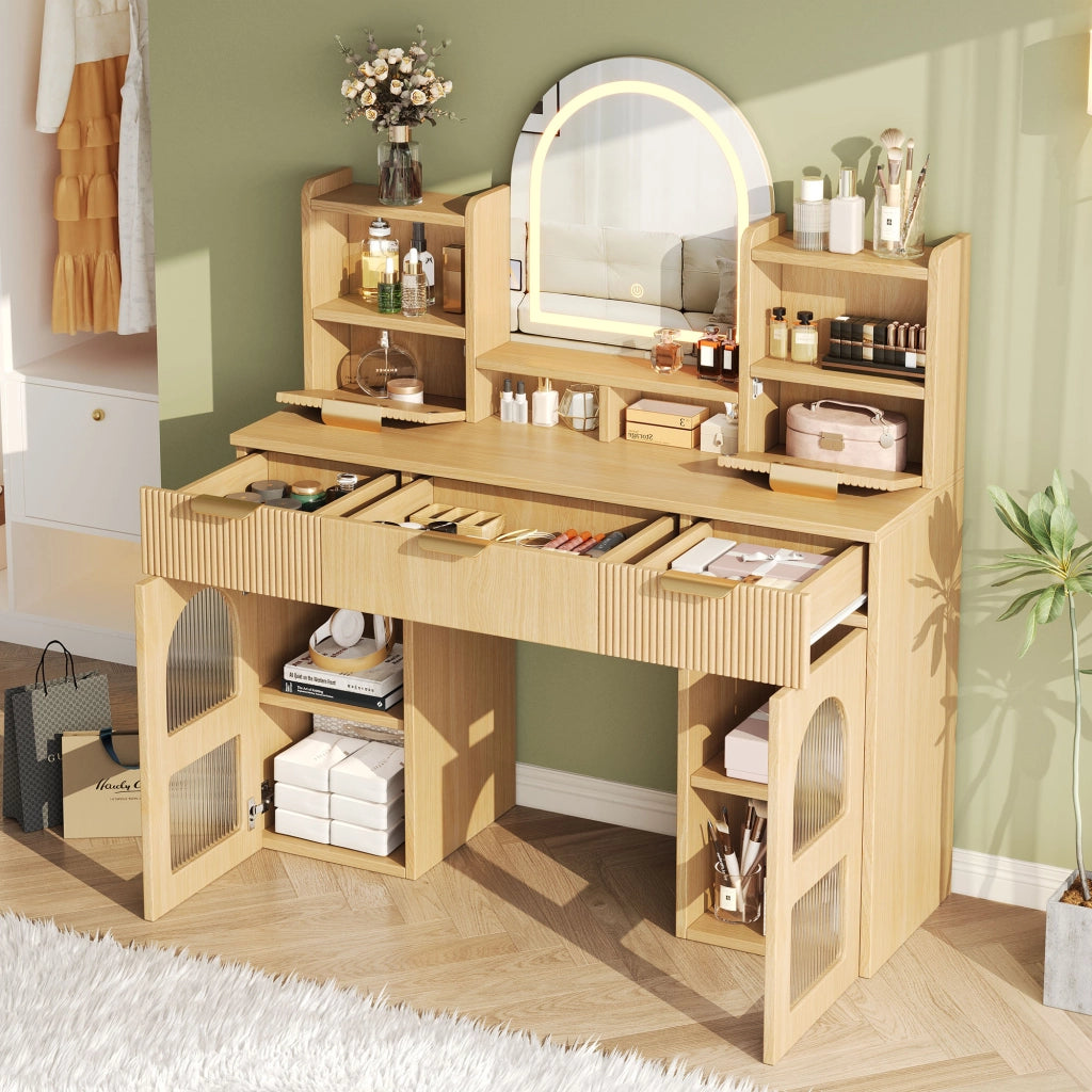 Toeletta, specchio con illuminazione a LED, 3 cassetti, 2 ante in vetro, ripiano, colore legno naturale
