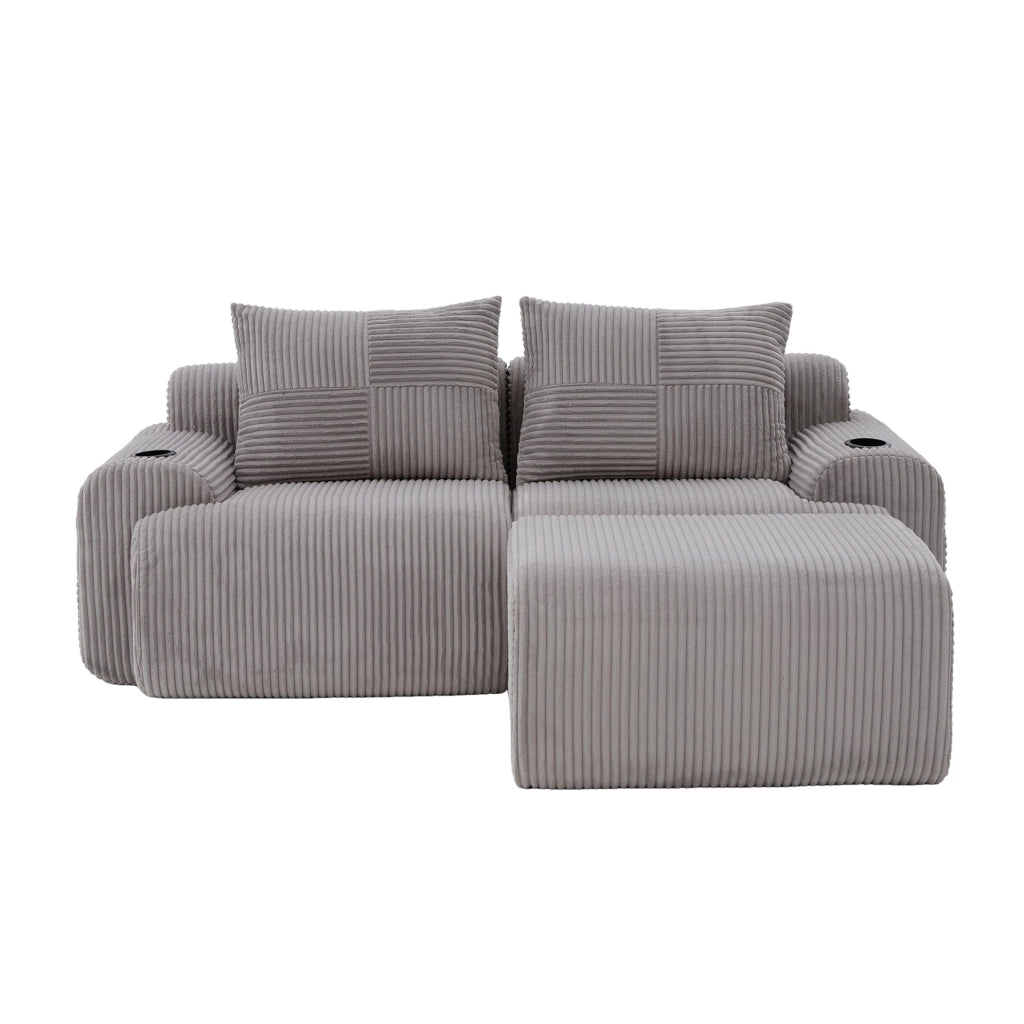 Divano modulare a 2 posti in corduroy grigio chiaro; 200x174x80 cm; con portabicchiere e tasca laterale