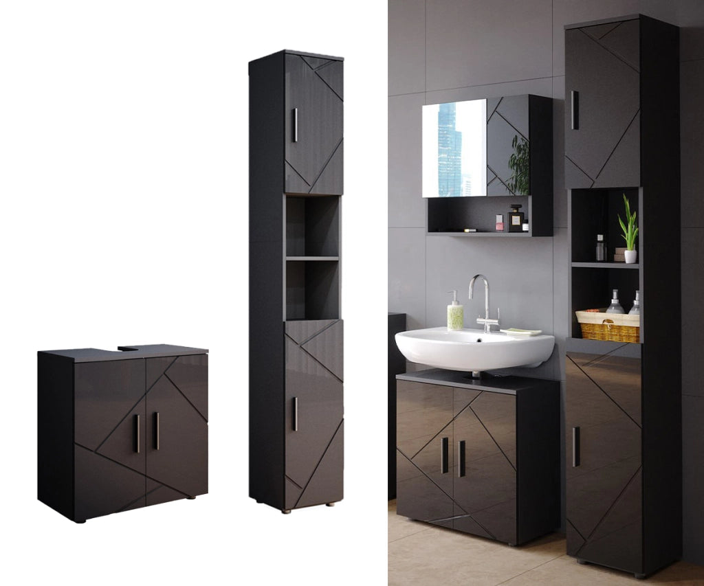 Set di mobili da bagno Irma Antracite lucido 2 parti, con colonna Vicco