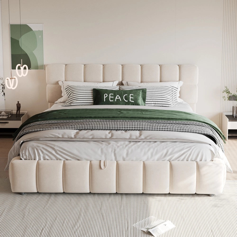 Letto Matrimoniale Imbottito Contenitore ¨C MINIMAL ¨C Velluto Beige 140x190 cm Idraulico