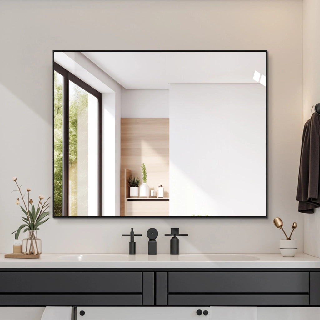 Specchio bagno 70x90 cm con cornice in alluminio nero, orizzontale o verticale