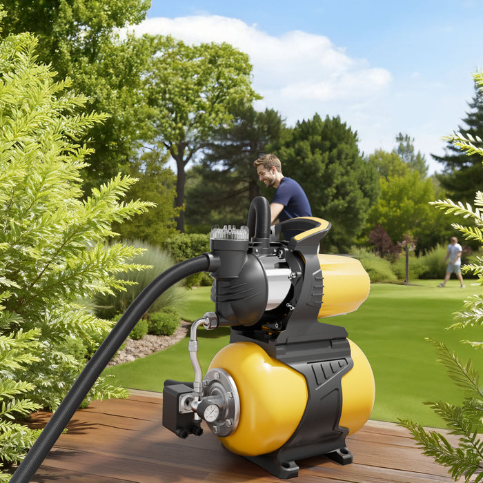 Autoclave con serbatoio uso domestico a membrana, 24 l, 1300 W, pompa per acqua automatica da 5000 l/h con pressostato e prefiltro, prevalenza 50 m, profondità di aspirazione di 8 m