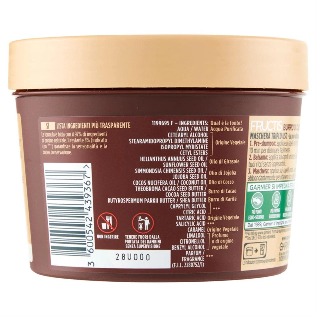 GARNIER FRUCTIS HAIR FOOD BURRO DI CACAO RIGENERANTE MASCHERA PER CAPELLI SECCHI E RICCI SENZA SILICONI 390 ML