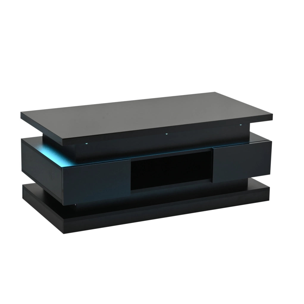 Tavolino da salotto sollevabile 100 x 50 x 40 cm in truciolare nero lucido con LED e 2 cassetti
