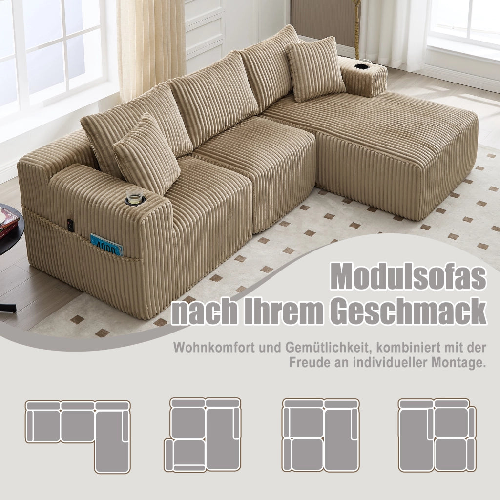 Canapé modulare con chaise longue e 2 posti con tasche laterali portabicchieri e 5 cuscini in velluto khaki