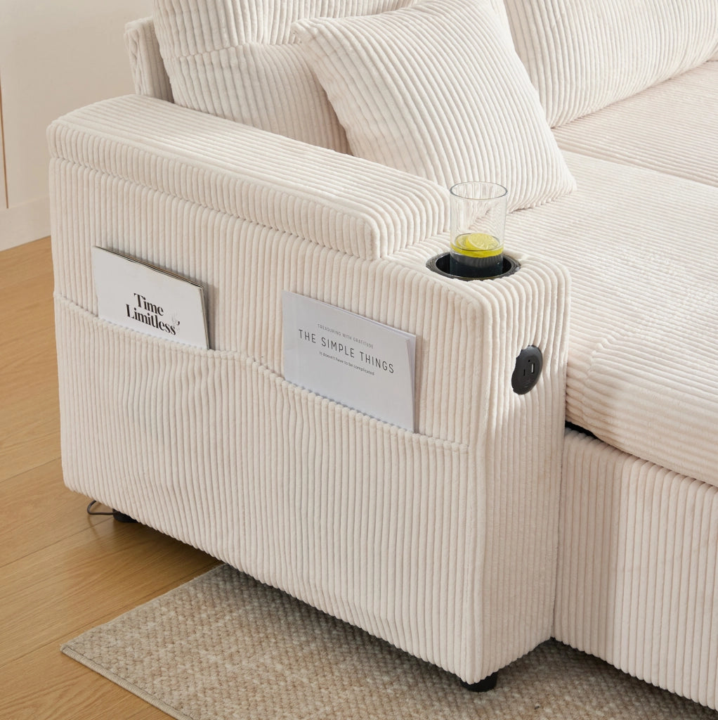 Divano 4 posti con due chaise longue; contenitore; portabicchieri e USB-C; 272x136x86 cm; beige