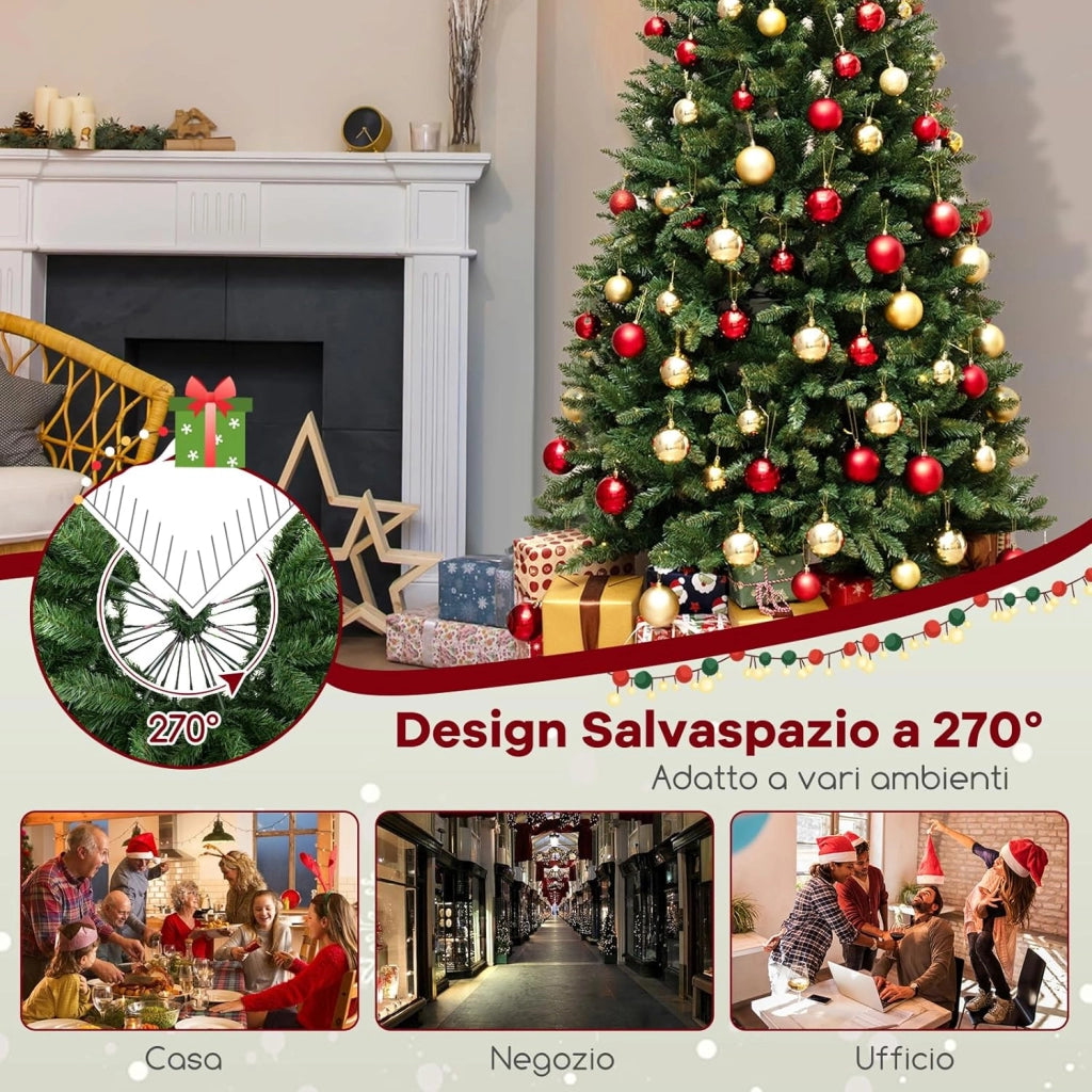 Albero di Natale Artificiale da 240 CM per Angolo, Albero di Natale Pre-illuminato con 360 Luci LED Bianche Calde, 1137 Rami e Supporto in Metallo, Decorazione Festiva Salvaspazio per Casa