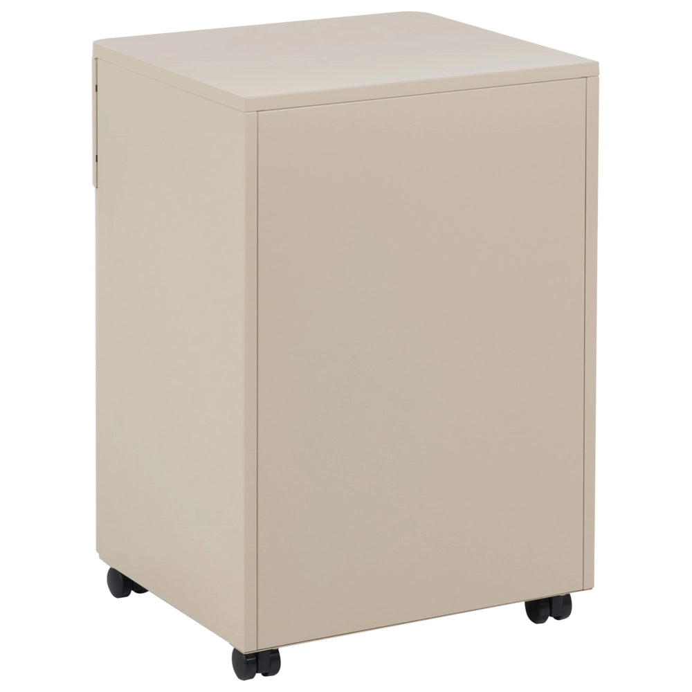 Comodino in acciaio beige con cassetto, angoli arrotondati e maniglie dorate