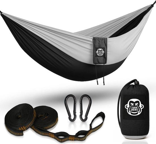 Hamaca Ultraleggera (275 x 140 cm, 220 kg Capacità di Carico) Set con 2 Cinture di Alta Qualità e 2 Ganci da Carrozzina per Viaggi all'Aperto Escursionismo e Campeggio Giardino Spiaggia