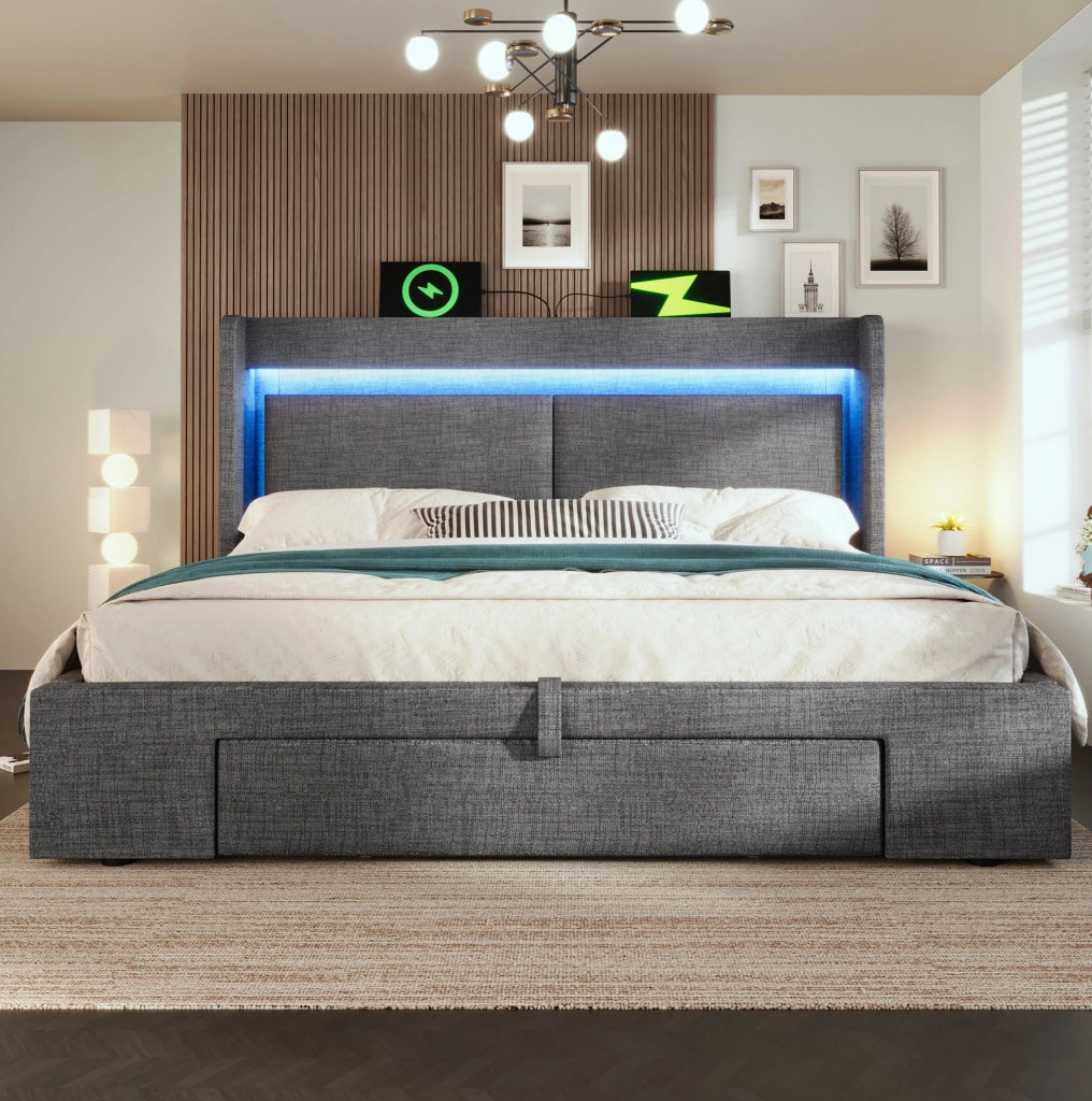Letto imbottito 180x200 cm con LED, USB e vano contenitore