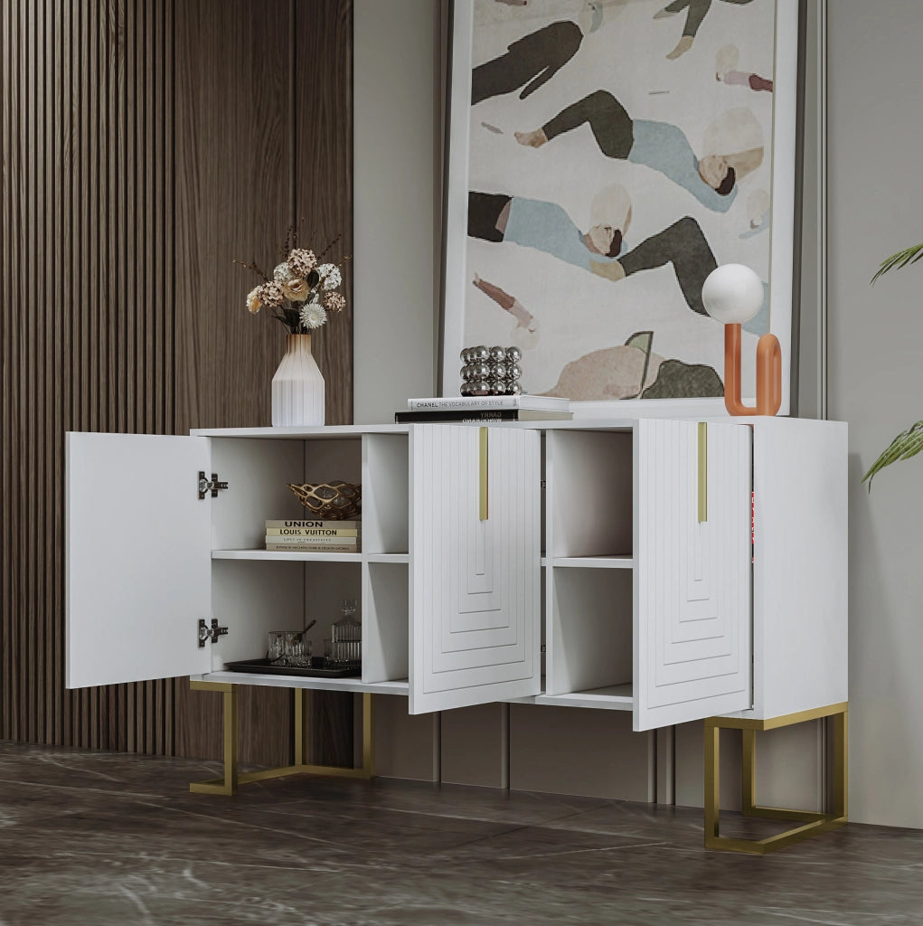 Credenza a 3 ante con ripiani regolabili; MDF e metallo; bianco