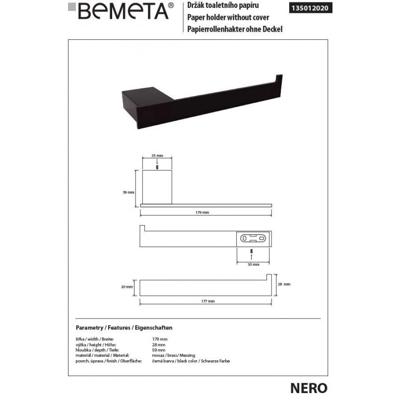 NERO Dispenser di carta igienica a parete di ricambio 17,9 x2,8 x5,9 cm
