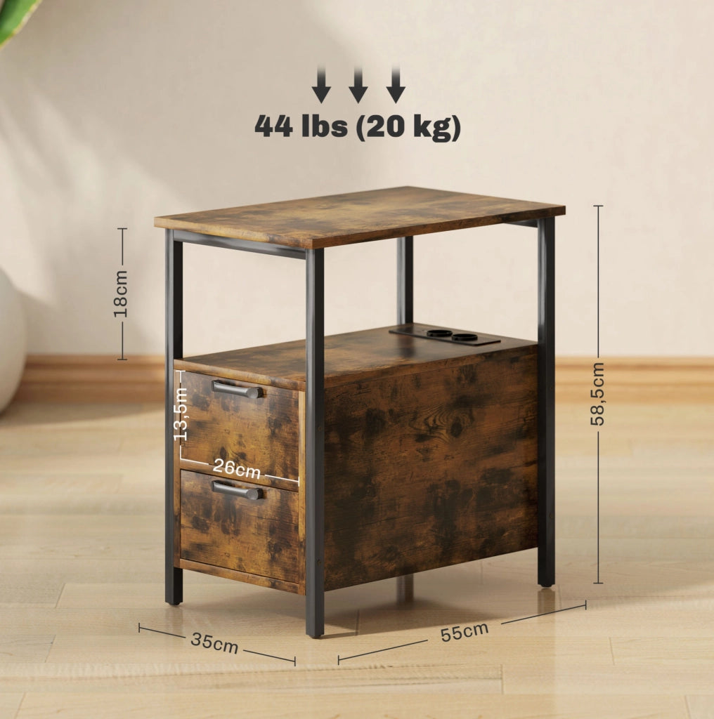 Tavolino laterale ULEVR 55x35x58,5 cm con 2 cassetti, presa USB e Type-C, marrone