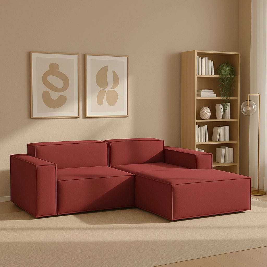 Divano fisso Amuleto, Divano componibile a 2 posti con penisola destra, Made in Italy, SofÒ  moderno in tessuto, Cm 220x170h70, Rosso