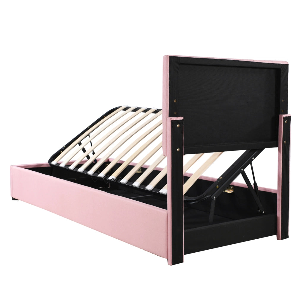 Letto imbottito singolo 90x200 cm con contenitore idraulico rosa