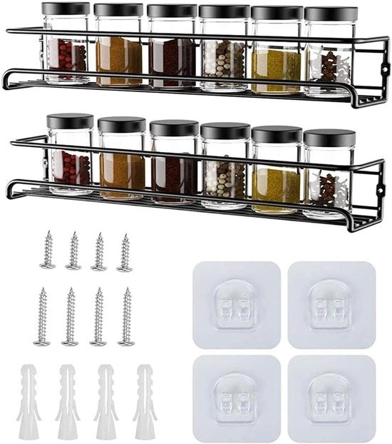 Organizzatore per erbe per armadi o fissaggio a parete set da 2/4 - Adatto per 12/24 contenitori per erbe - Per armadi cucina, armadi per magazzino o porta - 29 x 6 x 6 cm (nero 2 pezzi)