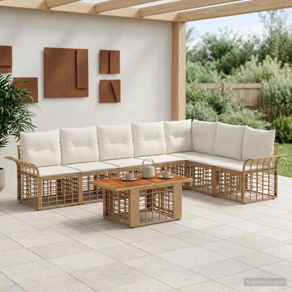 Set Divano da Giardino 8 pz Naturale e Bianco Crema polyrattan 3437982