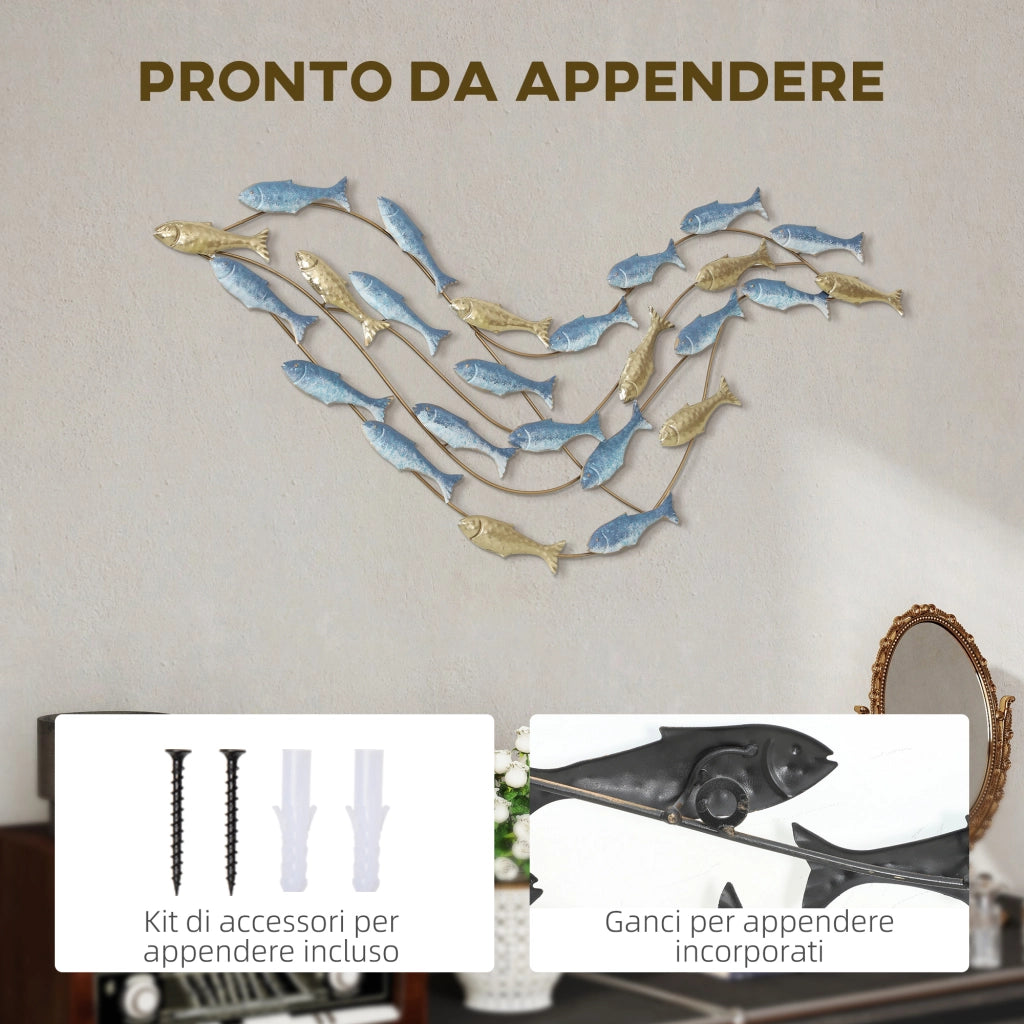 Wall Art Banco di Pesci in Metallo con Viti Incluse, 99.7x3.8x50.2 cm, Oro e Blu