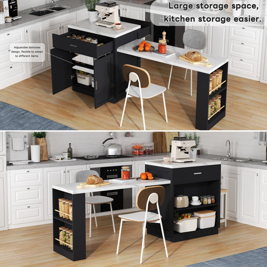 Carrello da cucina con tavolo da pranzo estraibile, prese e ripiani aperti, MDF nero 211 × 55 × 89,5 cm