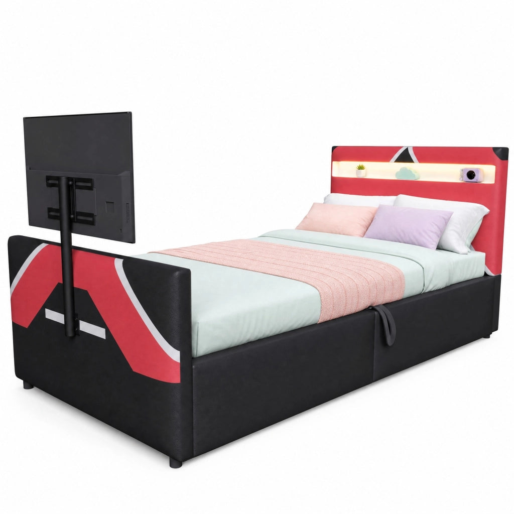 DESMIU Letto bambino 90 × 200 cm con LED regolabile, vano contenitore idraulico e supporto TV, senza materasso, nero