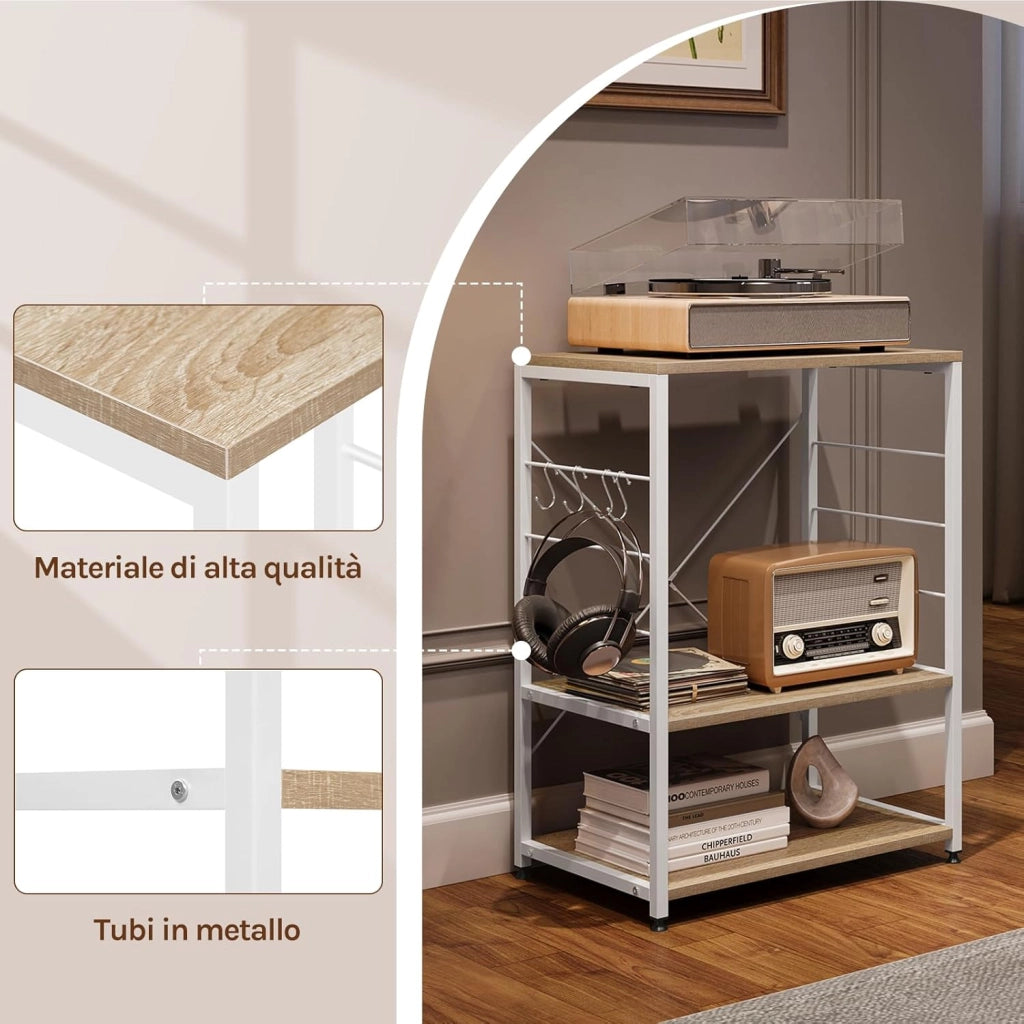 Scaffale per Cucina Carrello per Microonde Forno a 3 Ripiani in Metallo e Legno Scaffalature Fioriera Multiuso, Rovere Chiaro