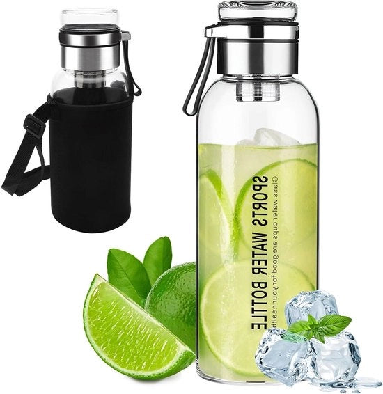 Fles da Vetro 1 litro con copertura - Fles di vetro per bevande con filtro a tè - Fles di vetro riciclabile con coperchio - Ideale per acqua - Tè in viaggio - Sostenibile e stile - Ecocompatibile.