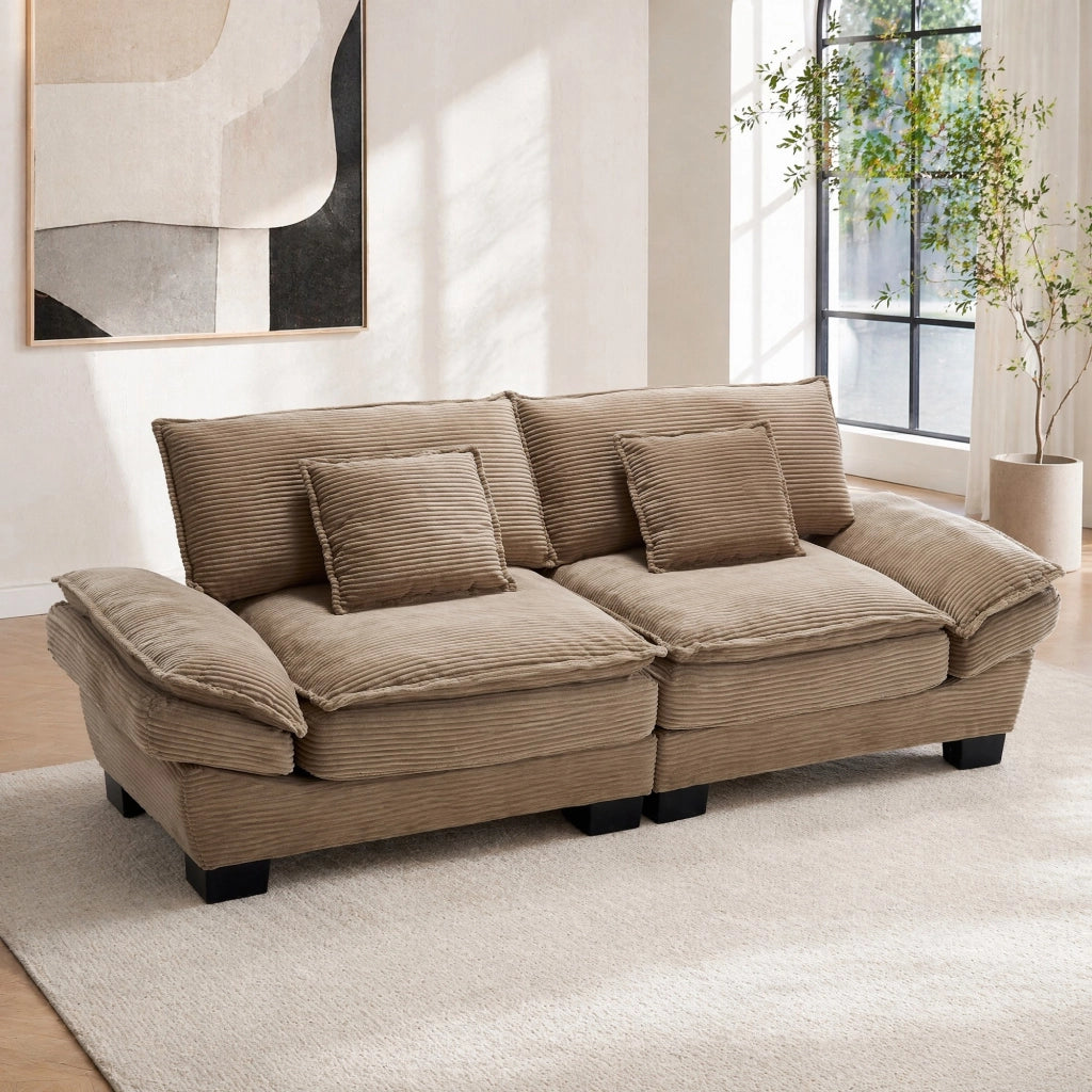 Divano 2 Posti con Seduta Extra Profonda, Braccioli Imbottiti e Cuscini, in Velluto a Coste, Cachi 224 × 81 × 81 cm