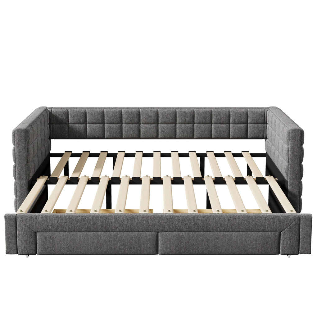Daybed estraibile 90x200 cm in velluto grigio con 2 cassetti e schienale quadrato