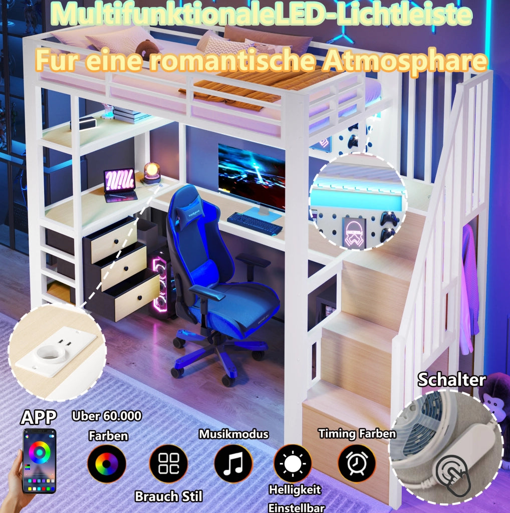Letto a soppalco 90x200 cm con scrivania, LED e prese