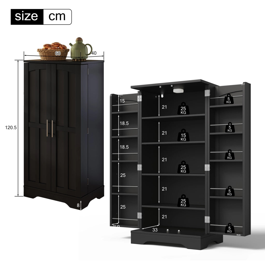 Colonna da cucina con luce LED sensore, 2 ante e ripiano regolabile, per cucina, in MDF nero 120 × 60 × 40 cm