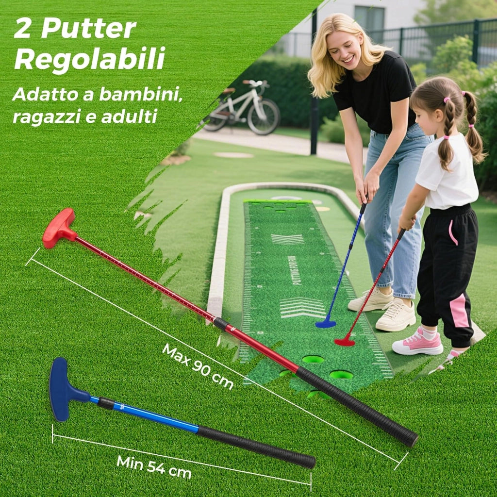 Putting Green, Set Gioco Golf Pong con 2 Putter Regolabili, 6 Palline e 12 Copri Buchi, Tappetino da Golf per Fester, Giardino e Casa, 332 cm x 50 cm