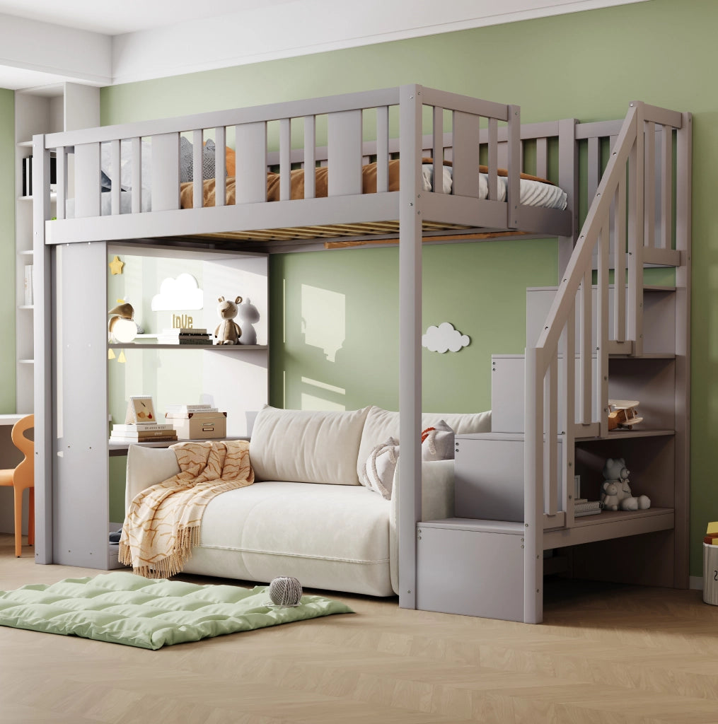 Letto a soppalco 90x200 cm grigio – con contenitori e scala, senza materasso