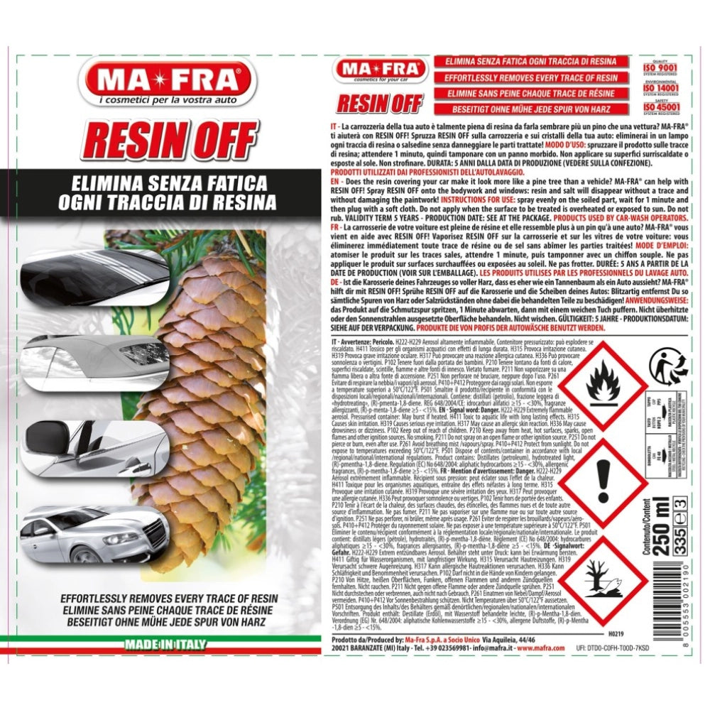 Mafra resin off rimuove tracce di resina e salsedine dalla carrozzeria 250 ml