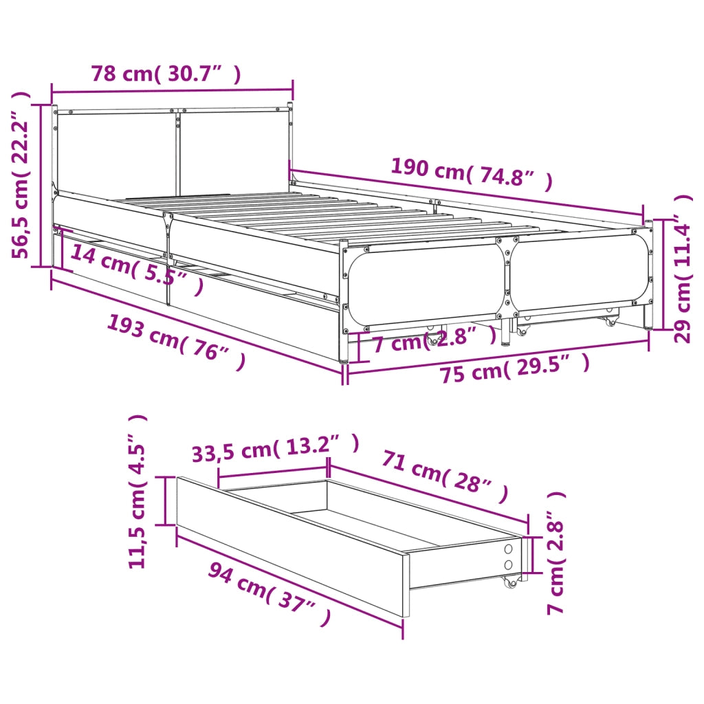 Letto singolo | Letto per adulti | Giroletto Cassetti Rovere Sonoma 75x190 cm Legno Multistrato