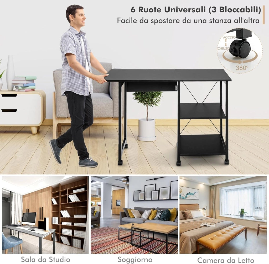 Scrivania Pieghevole per Computer, Scrivania Moderna con 2 Mensole, Postazione di Lavoro per PC con 6 Ruote, Scrivania Compatta Salva Spazio per Casa Ufficio, Marrone (Nero)