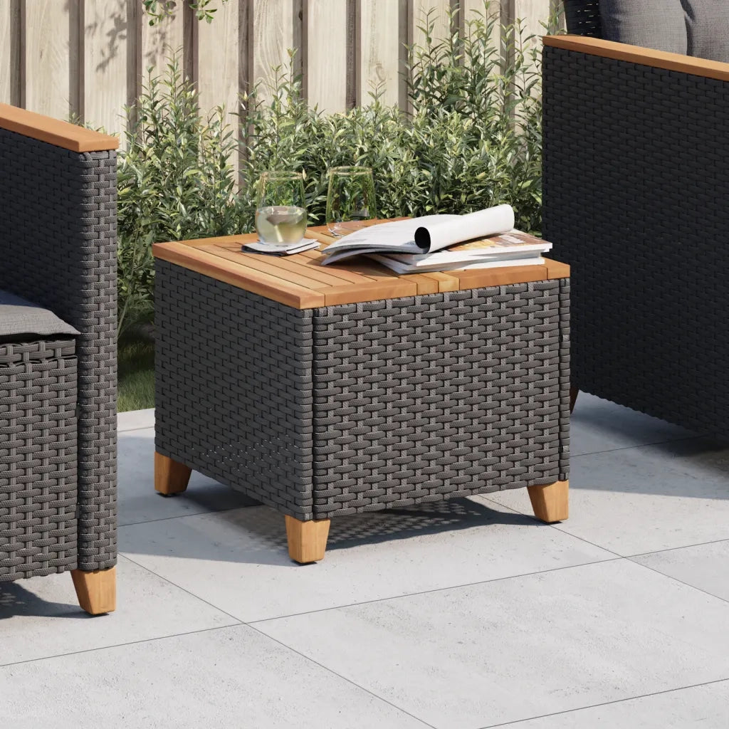Tavolo da Giardino | Tavolino da esterno Nero 45x45x37cm in Polyrattan e Legno Acacia