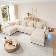 Sofa modulare U/L in chenille beige con LED; 2 pouf mobili e tavolino ribaltabile
