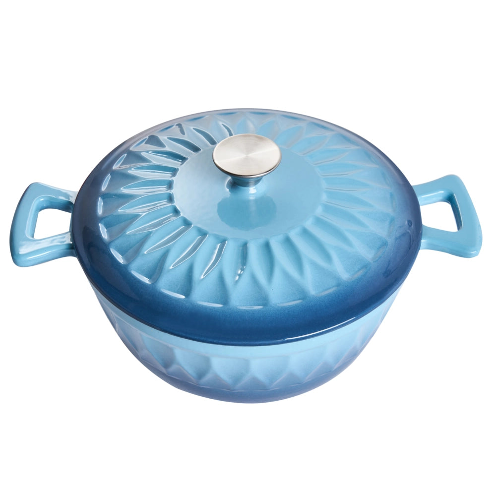 Casseruola in ghisa smaltata blu con coperchio e manico in acciaio inossidabile adatta al forno e compatibile con tutti i tipi di piano cottura