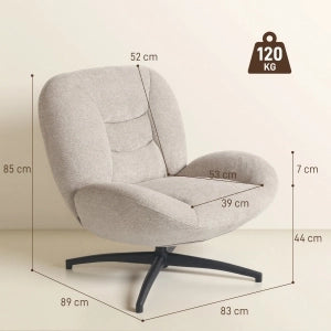 Poltrona girevole imbottita in tessuto Chenille, seduta relax con base in acciaio, bianco crema