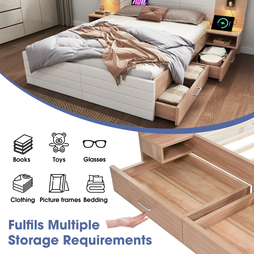 OKWISH Letto Matrimoniale con 2 Comodini, 2 Cassetti, Testiera con Lampada da Lettura Girevole e USB, Legno Massello e MDF, Bianco