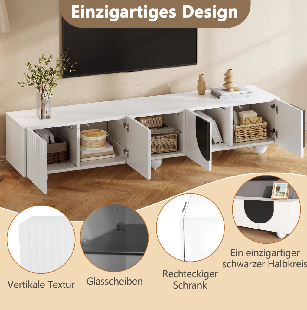 Mobile porta TV minimalista bianco e nero con vani aperti e chiusi, 180 cm