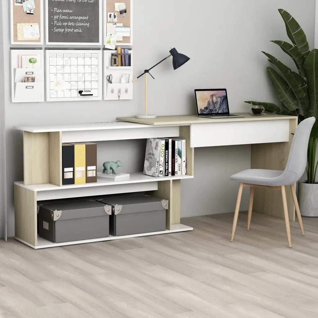 Scrivania ad Angolo Bianca Rovere Sonoma 200x50x76 Multistrato 801103