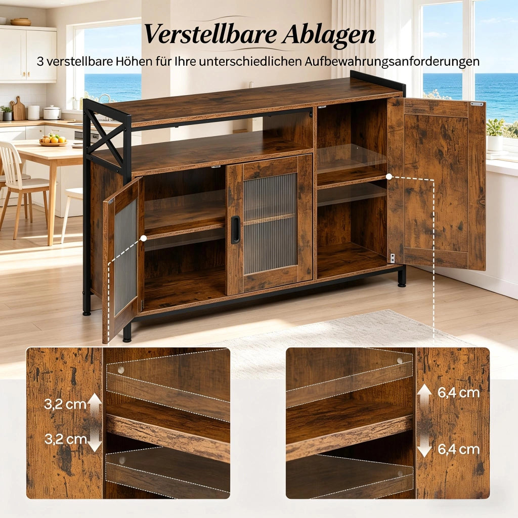 Credenza e madia con 1 vano aperto e 2 ante, ripiani regolabili, per cucina e soggiorno, in legno e metallo, marrone